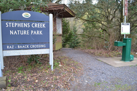 Entrance sign to Stephens Creek Nature Park - kiosk - drinking fountain - trailhead